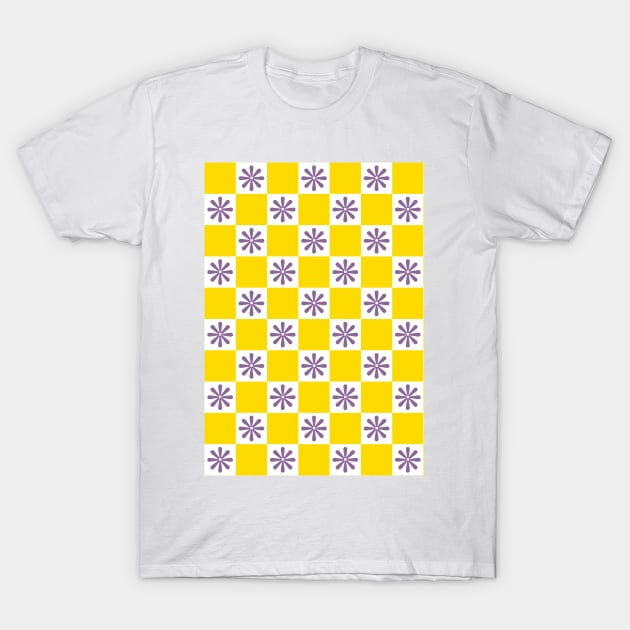 Retro Yellow, Purple Checkered Floral Pattern T-Shirt by Just a Cute World